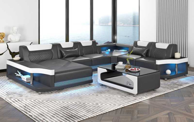 Large sofa Living landscape LED XXL U-shape Corner sofa Leather sofa Black