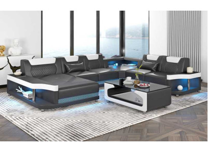 Large sofa Living landscape LED XXL U-shape Corner sofa Leather sofa Black