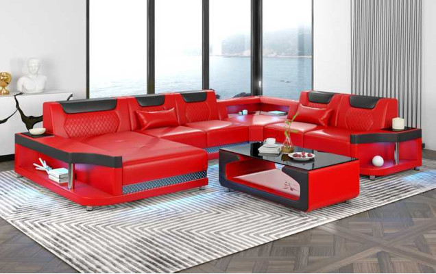 Large sofa Living landscape LED XXL U-shape Corner sofa Leather sofa Black