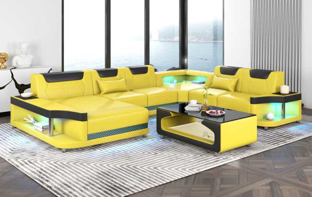 Large sofa Living landscape LED XXL U-shape Corner sofa Leather sofa Black