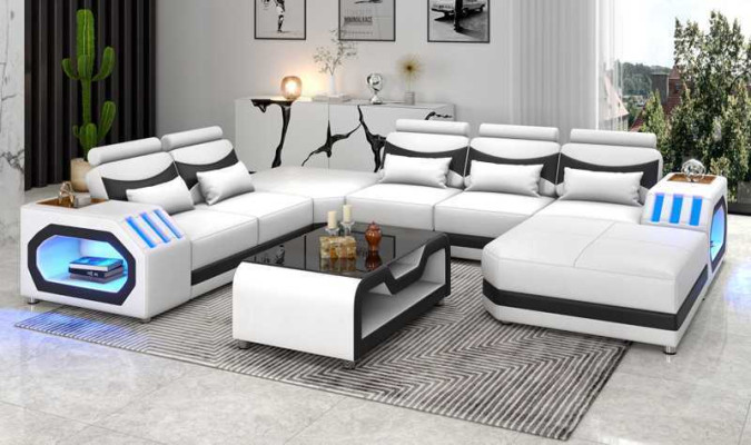 Living landscape Large sofa XXL U-shape Corner sofa Leather sofa White Sofas