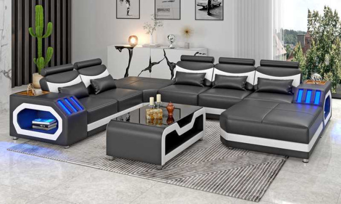 Living landscape Large sofa XXL U-shape Corner sofa Leather sofa White Sofas