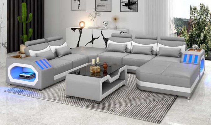 Living landscape Large sofa XXL U-shape Corner sofa Leather sofa White Sofas