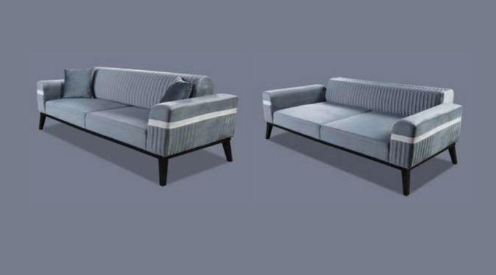 Sofa 3 Seater Textile Sofas Blue Fabric Upholstery Furniture Modern Three Seater