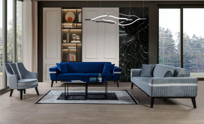 Sofa 3 Seater Textile Sofas Blue Fabric Upholstery Furniture Modern Three Seater