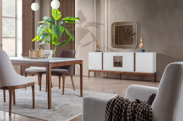 Luxury Dining room Set Dining table 4x Chairs Sideboard Mirror 7 pcs Modern