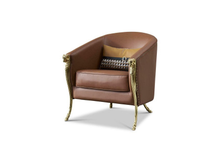 Designer Armchair 1 Seater Brown Leather Textile Luxury Club Lougne Sofa Single Seater