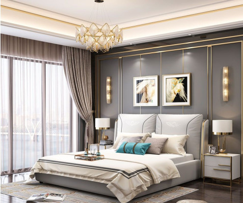 Double Hotel Upholstery Bedroom 3pcs. Set Bed 2x Bedside table Console Beds