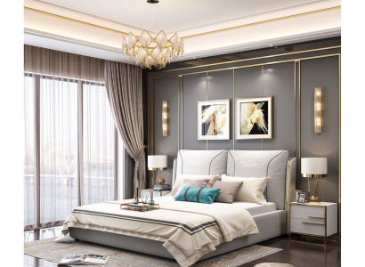 Double Hotel Upholstery Bedroom 3pcs. Set Bed 2x Bedside table Console Beds