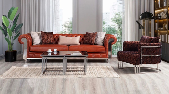 Chesterfield sofa set imitation leather three-seater brown sofa set couches