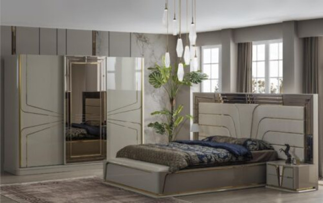 Modern Bedroom Set in Beige with European Accent