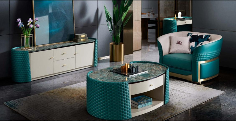 Coffee table base cabinet Wood Leather Turkis Modern new 2 pcs. Design Furniture