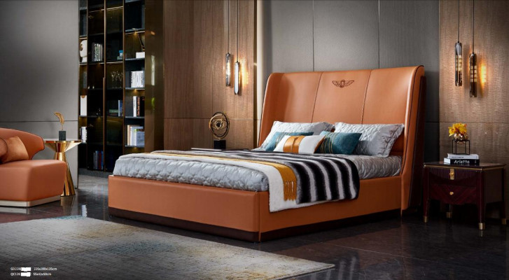 Bed 2 x Bedside table Bedroom Orange Creative Modern Furniture Wood Luxury Beds