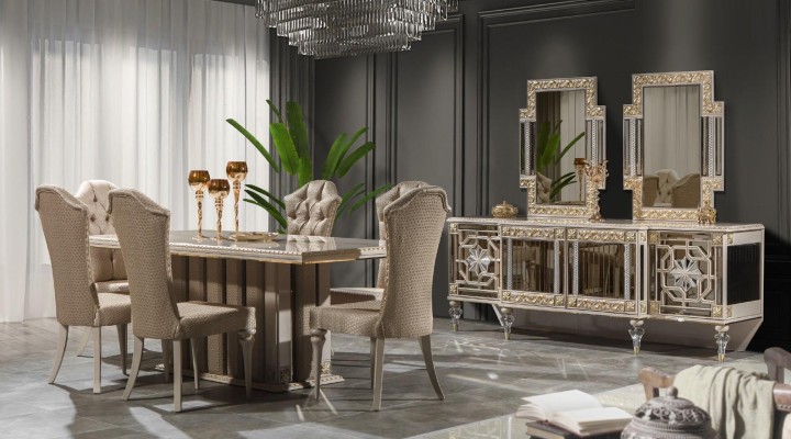 Luxury Dining set Dining room Dining table Chairs Beige Set Wood 8pcs