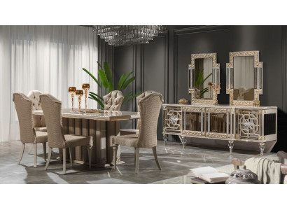 Luxury Dining set Dining room Dining table Chairs Beige Set Wood 8pcs
