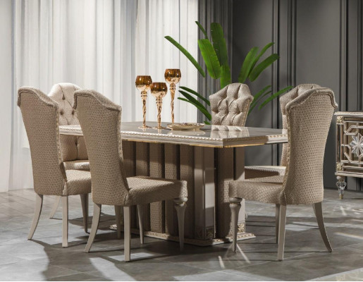 Luxury Dining set Dining room Dining table Chairs Beige Set Wood 8pcs