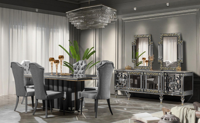 Luxury Dining set Dining room Dining table Chairs Gray Set 7pcs Wood