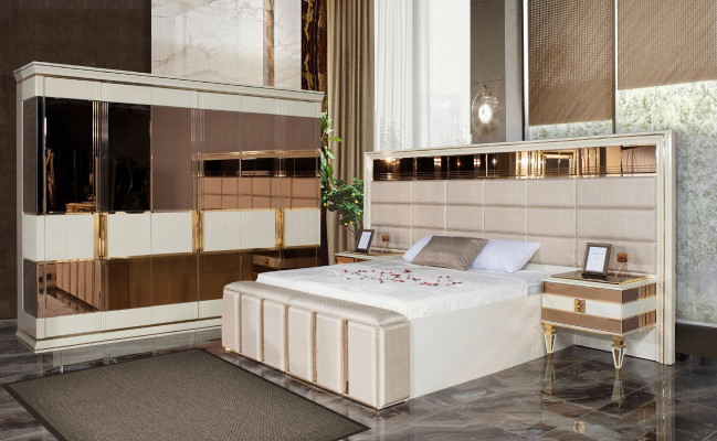 Bedroom Luxury Suite Double bed Modern Beige Gold Set 3pcs new