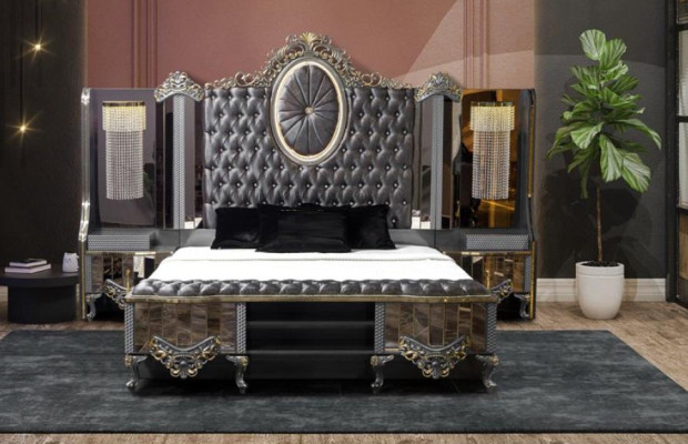 Suite Bedroom Double Luxury Bed Classic Black Set 3pcs.