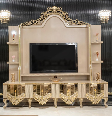 Luxury Wall unit tv stand TV cabinet Lowboard Wood Living room Beige Furniture Sideboard