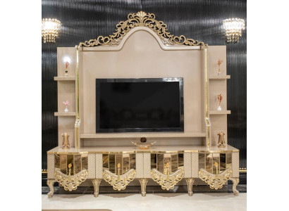 Luxury Wall unit tv stand TV cabinet Lowboard Wood Living room Beige Furniture Sideboard