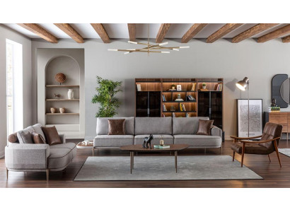 Light gray fabric sofa suite 3+2 textile couches designer coffee table 3 pieces. set