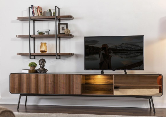 TV cabinet lowboard tv stand shelves sideboard living room wood brown modern
