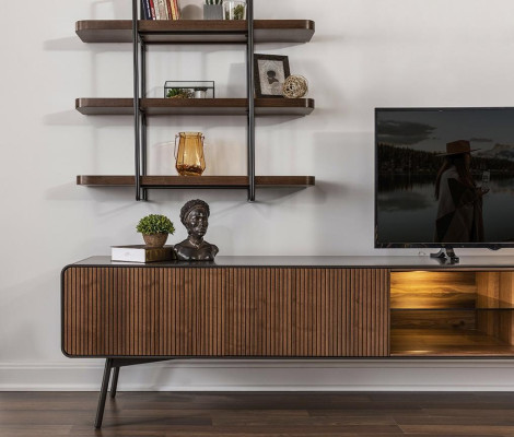 TV cabinet lowboard tv stand shelves sideboard living room wood brown modern