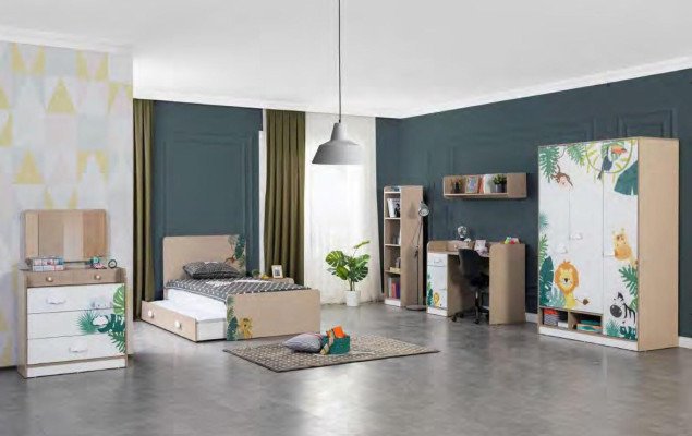 Bedroom Childrens room Set Bed Desk Wardrobe Wood Furniture 5pcs