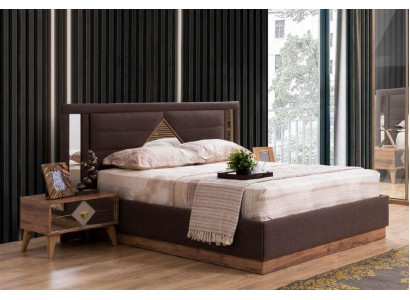 Modern 2-person bed made of wood with upholstery and mirror in the headboard