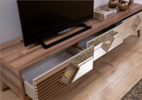 Incredibly stylish wooden table with mirror inserts for the TV