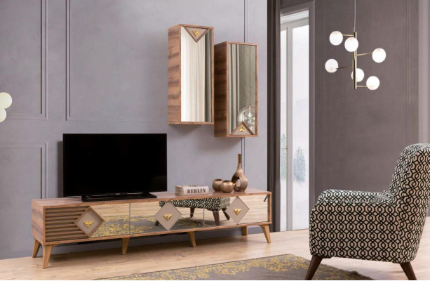 Incredibly stylish wooden table with mirror inserts for the TV