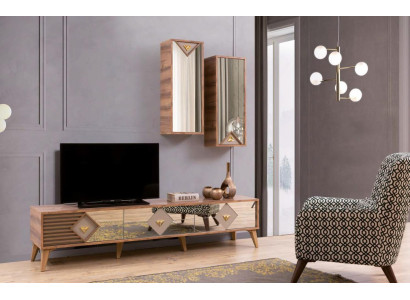 Incredibly stylish wooden table with mirror inserts for the TV