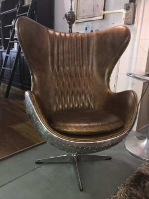 Eggchair Leather Brown Metal Silver Wing Chair Egg Chair Flieger Club