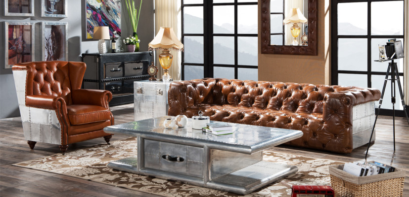 Wing chair Genuine leather Vintage Cigar wing chair TV chair