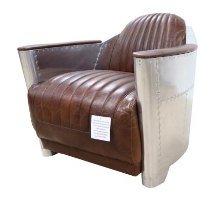 Club Armchair in Aviator Style Lounge Design Chrome Art Deco Leather Cocktail