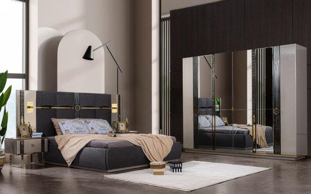 Luxury bedroom furniture Double bed Bedside tables Gray 4-piece Wardrobe Bed