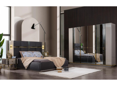 Luxury bedroom furniture Double bed Bedside tables Gray 4-piece Wardrobe Bed