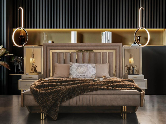 Complete e bedroom furniture Double bed Bed Bedside tables Beige 3-piece