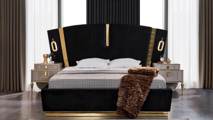 Bedroom Double bed Suite Bed Bedside tables 3pcs Luxury Black