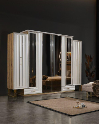 Luxury Wardrobe Wooden Cabinet with Mirror Beige