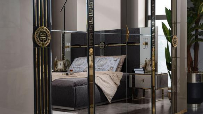 Luxury bedroom furniture Double bed Bedside tables Gray 4-piece Wardrobe Bed