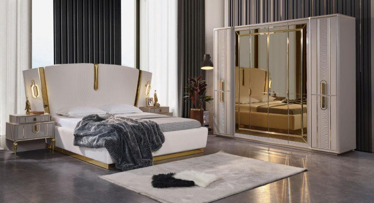 Double bed Suite Bedroom Bed Bedside tables 4pcs Beige Wardrobe