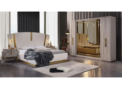 Double bed Suite Bedroom Bed Bedside tables 4pcs Beige Wardrobe