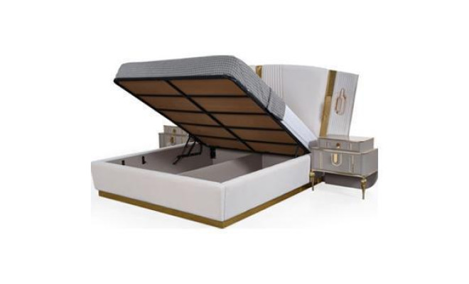 Double bed Suite Bedroom Bed Bedside tables 4pcs Beige Wardrobe