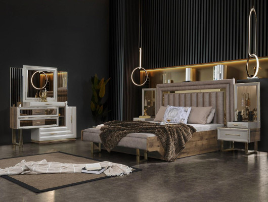 Bedroom furniture Double bed Bed Bedside tables Console Beige 4-piece luxury