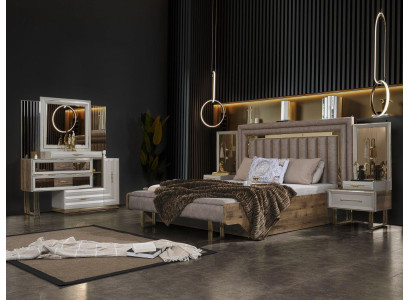 Bedroom furniture Double bed Bed Bedside tables Console Beige 4-piece luxury