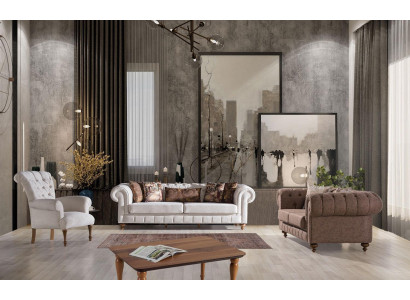 White -Brown Chesterfield Seating group Designer Sofas Luxury Suite 3+2+1