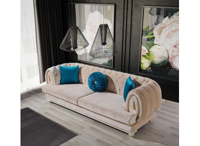 Beige Chesterfield Upholstery Couch Designer Three Seater Textile Sofas Set of 3