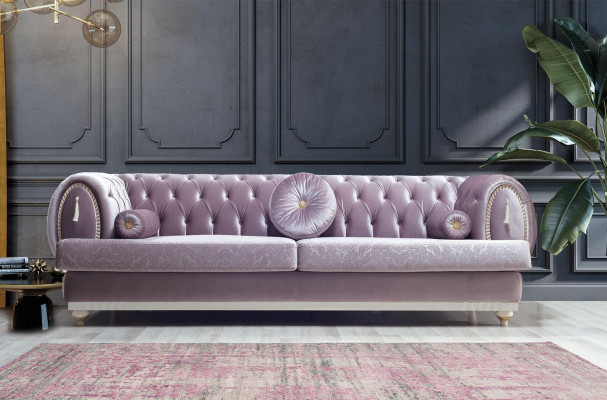 Purple Chesterfield three-seater designer 3-seater upholstered couches wooden frame